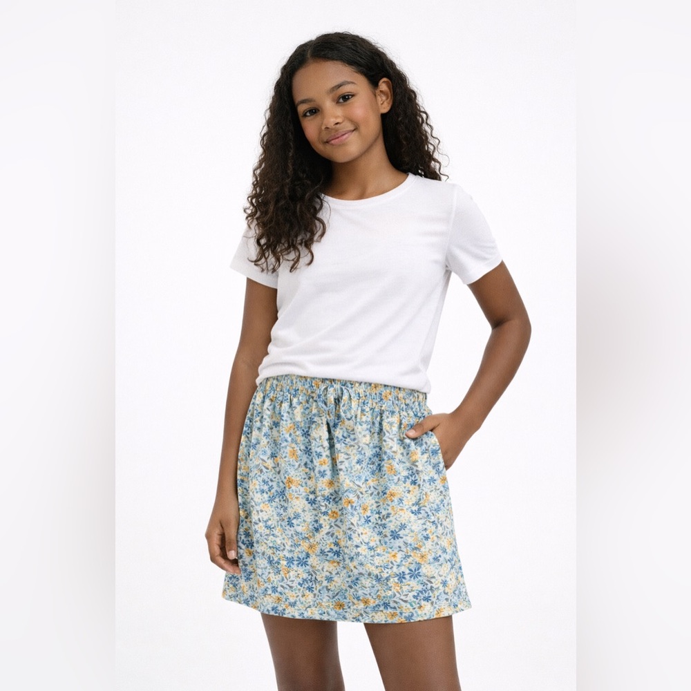 Sunset West Tie-Waist Knit Skirt – Blue Floral